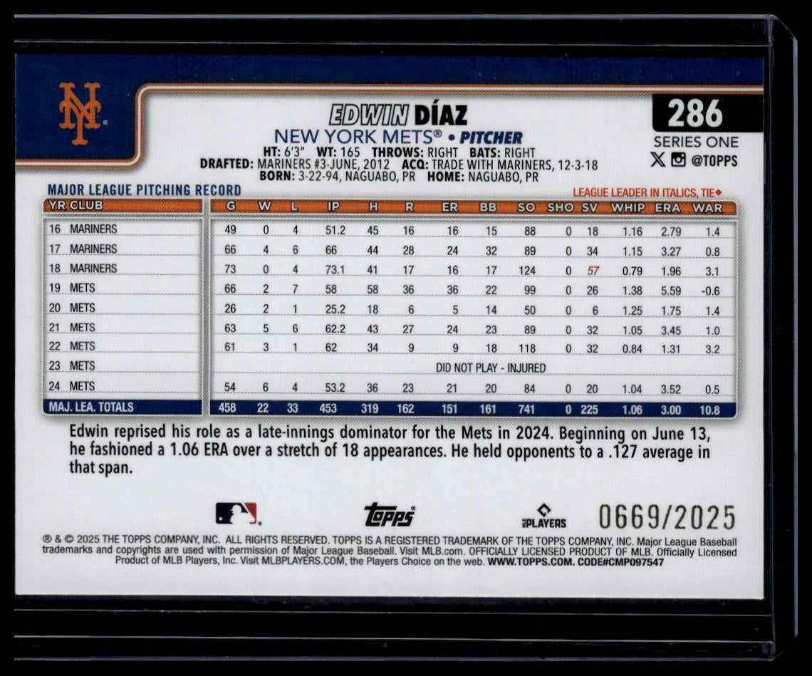2025 Topps #286 Edwin Díaz Gold Parallel #'d 2025