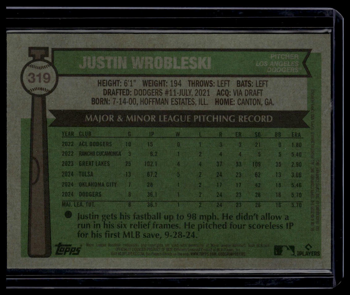 2025 Topps Heritage #319 Justin Wrobleski Chrome Light Blue Sparkle Refractor