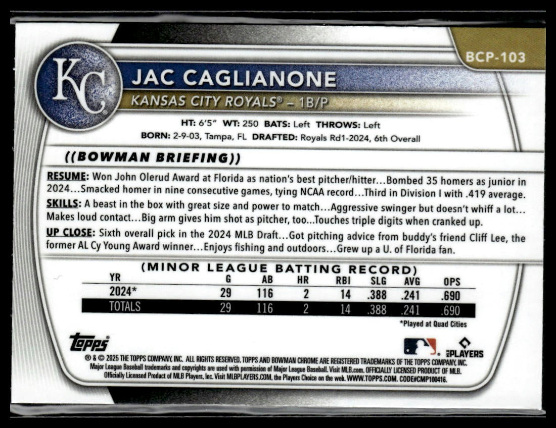 2025 Bowman #BCP-103 Jac Caglianone Chrome Prospects