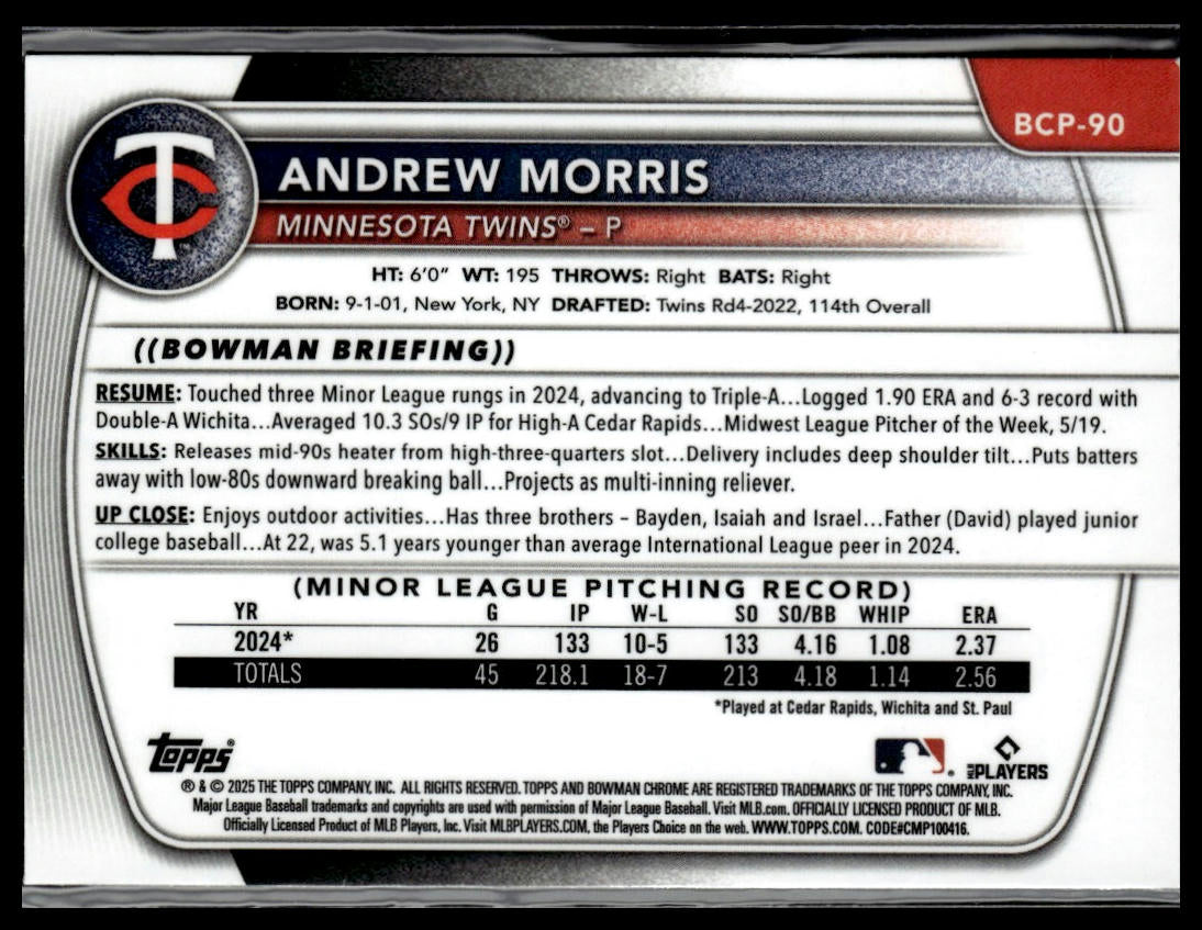 2025 Bowman #BCP-90 Andrew Morris Chrome Prospects
