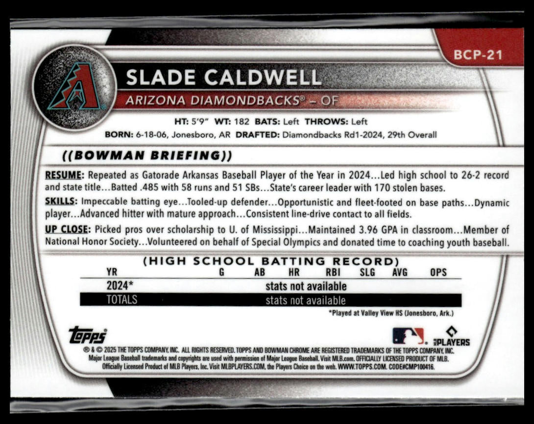 2025 Bowman #BCP-21 Slade Caldwell Chrome Prospects