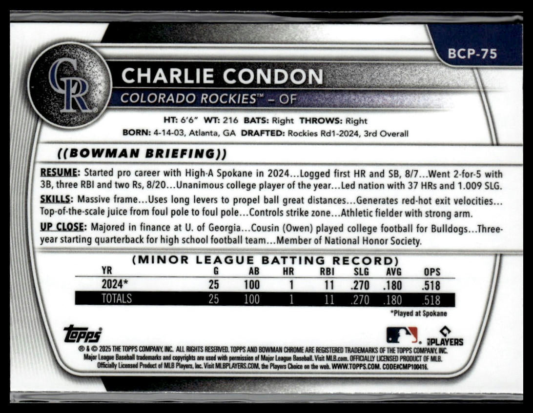 2025 Bowman #BCP-75 Charlie Condon Chrome Prospects
