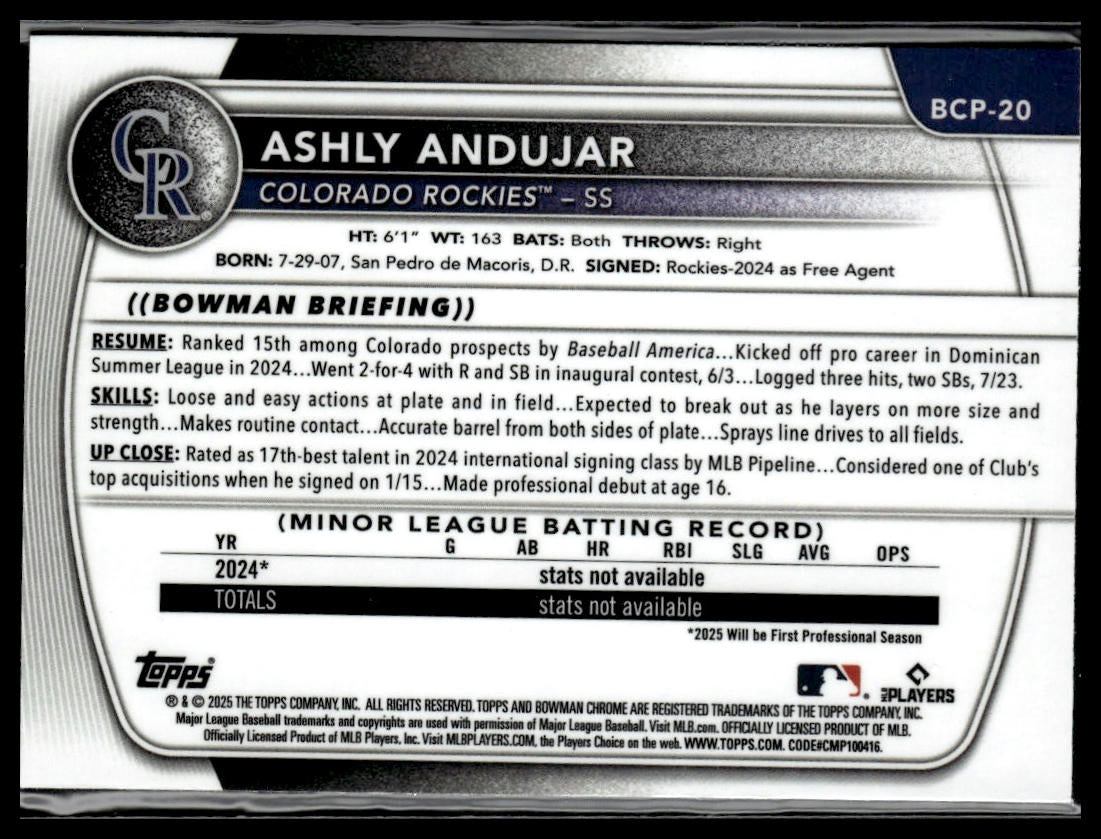 2025 Bowman #BCP-20 Ashly Andujar Chrome Prospects