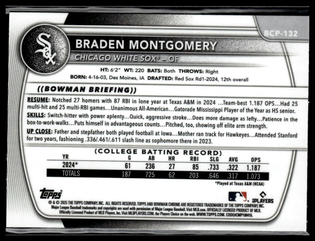 2025 Bowman #BCP-132 Braden Montgomery Chrome Prospects