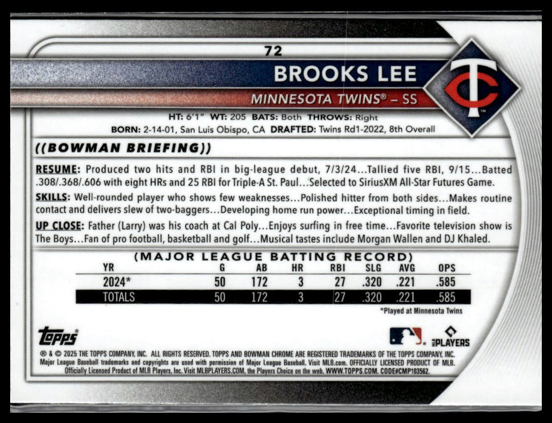2025 Bowman #72 Brooks Lee Chrome Mojo Refractor