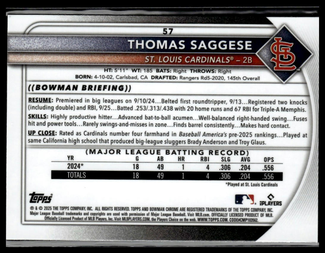2025 Bowman #57 Thomas Saggese Chrome Mojo Refractor