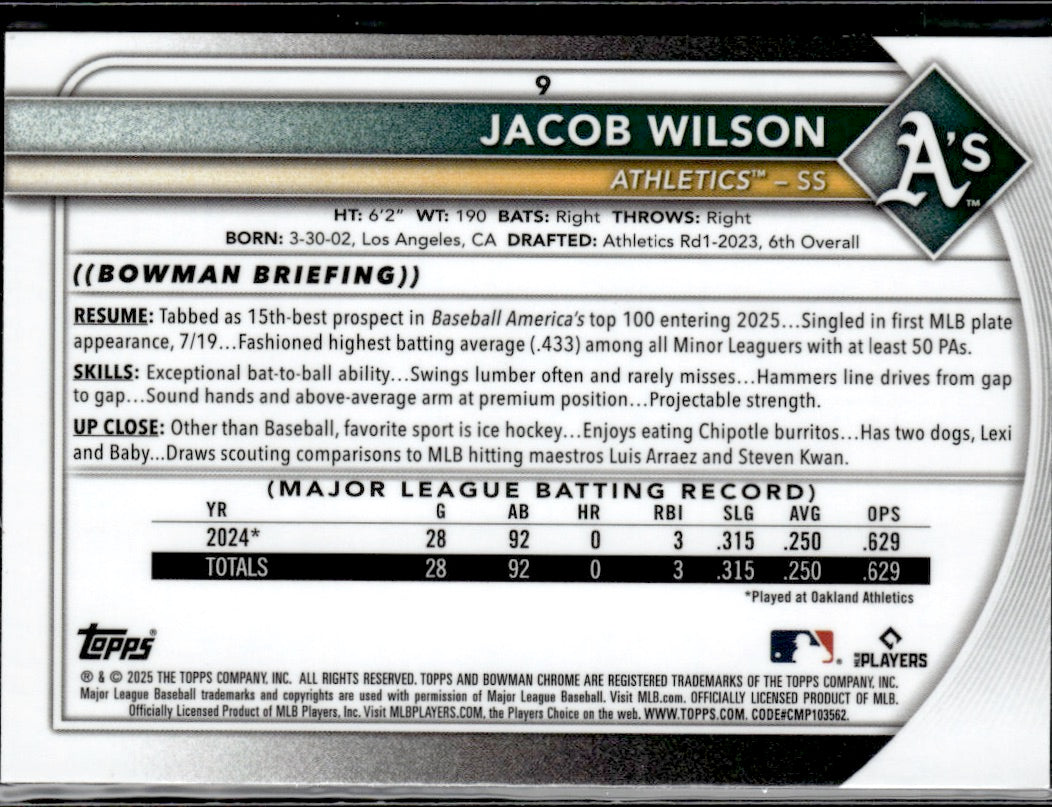2025 Bowman #9 Jacob Wilson Chrome Mojo Refractor