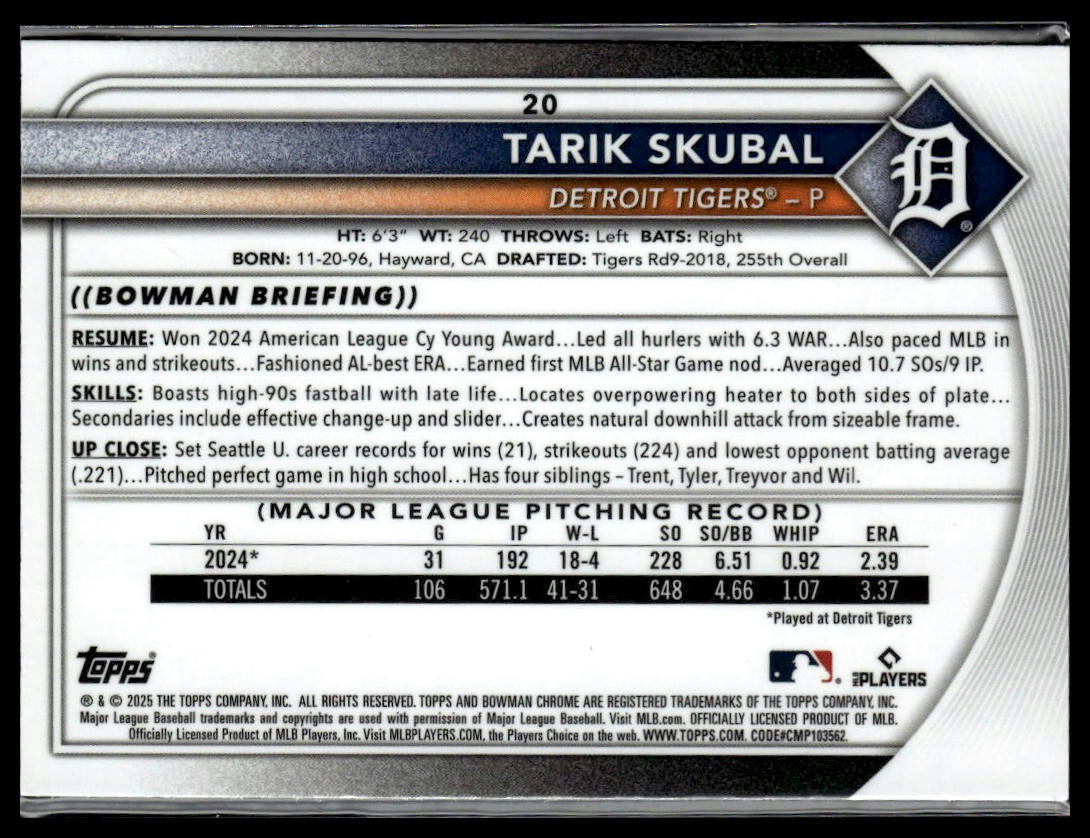 2025 Bowman #20 Tarik Skubal Chrome Mojo Refractor
