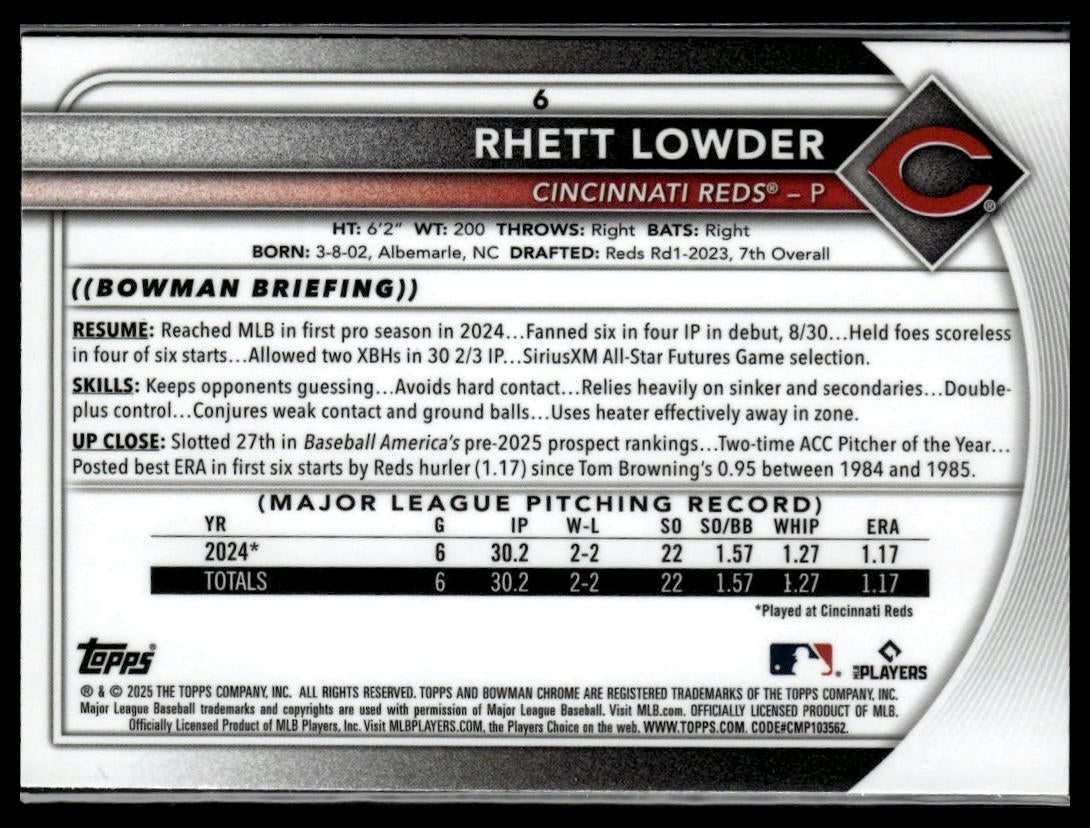 2025 Bowman #6 Rhett Lowder Chrome Mojo Refractor