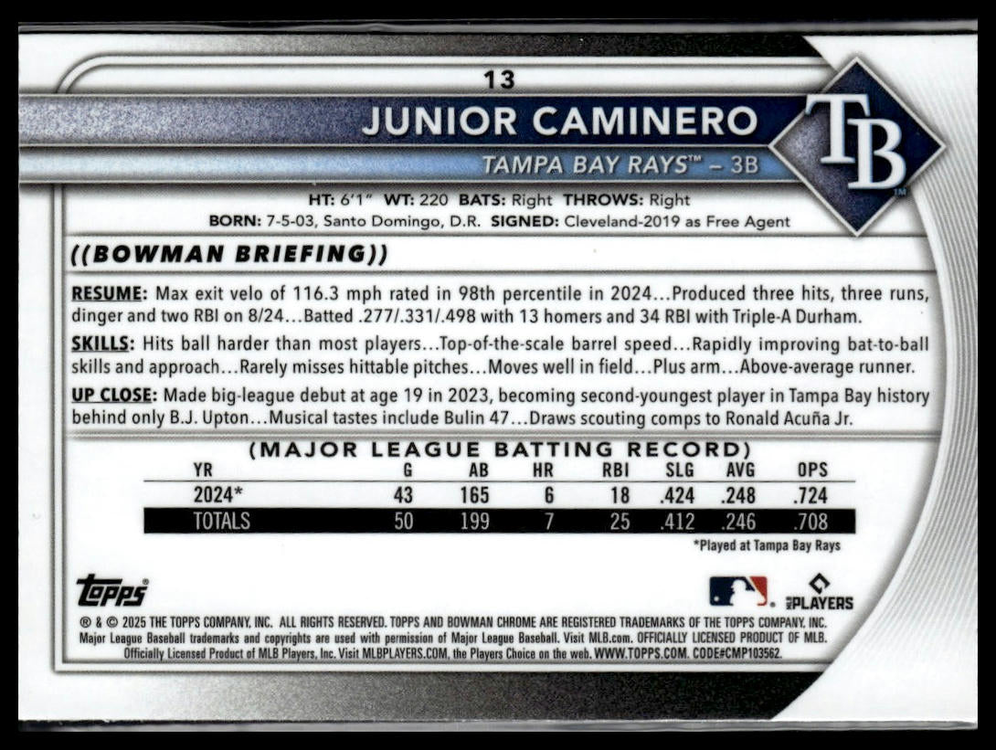 2025 Bowman #13 Junior Caminero Chrome Mojo Refractor