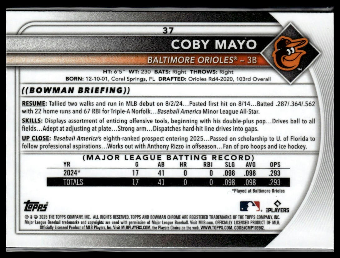 2025 Bowman #37 Coby Mayo Mojo Refractor