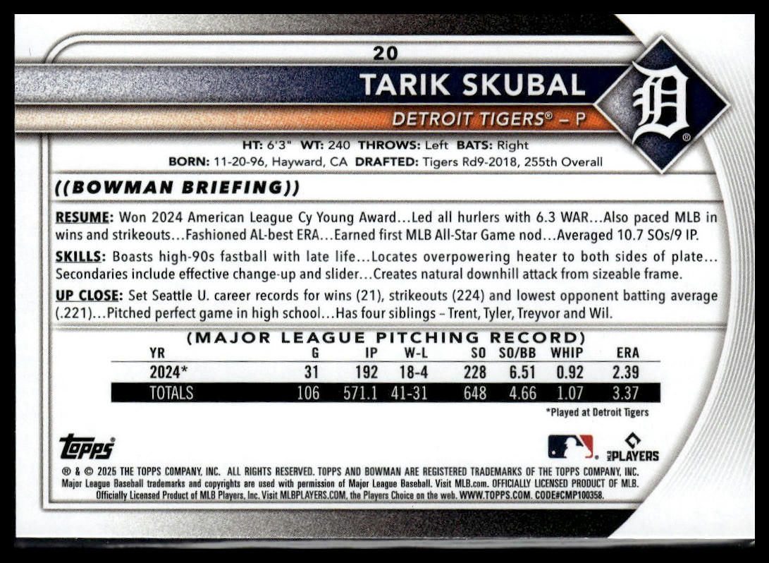 2025 Bowman #20 Tarik Skubal