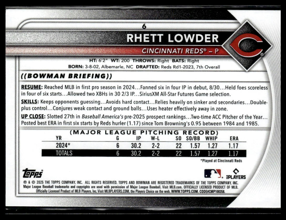 2025 Bowman #6 Rhett Lowder