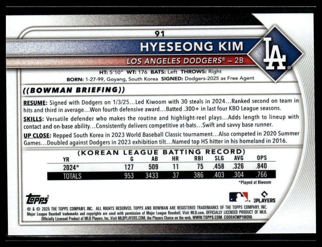 2025 Bowman #91 Hyeseong Kim