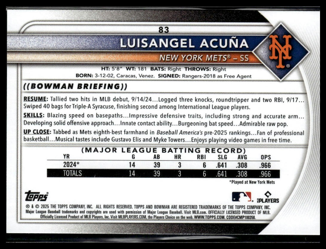 2025 Bowman #83 Luisangel Acuña