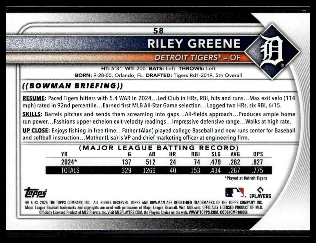 2025 Bowman #58 Riley Greene