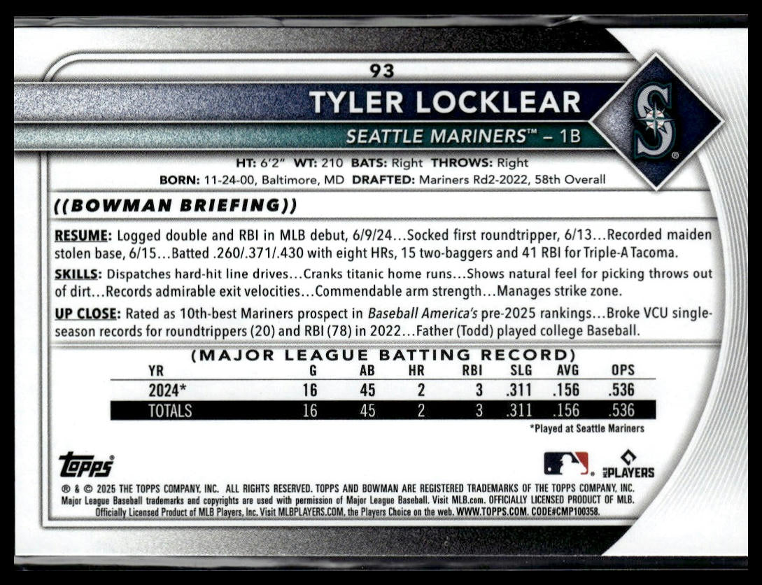 2025 Bowman #93 Tyler Locklear