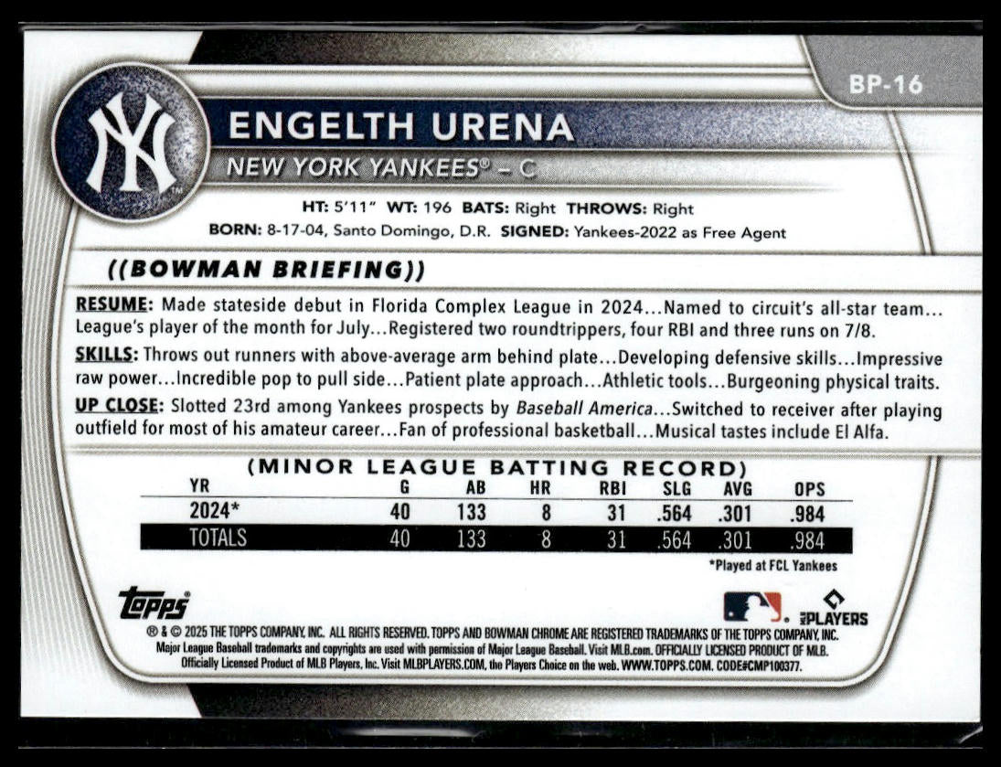 2025 Bowman #BP-16 Engelth Urena Prospects