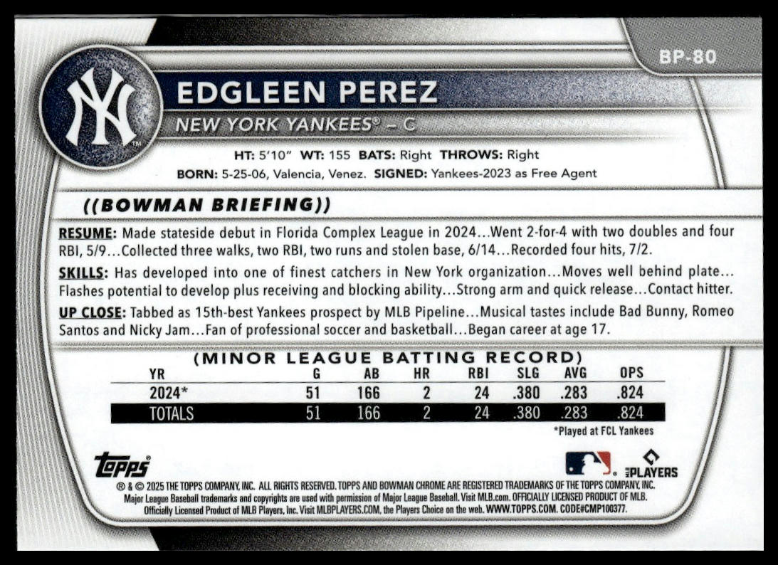 2025 Bowman #BP-80 Edgleen Perez Prospects