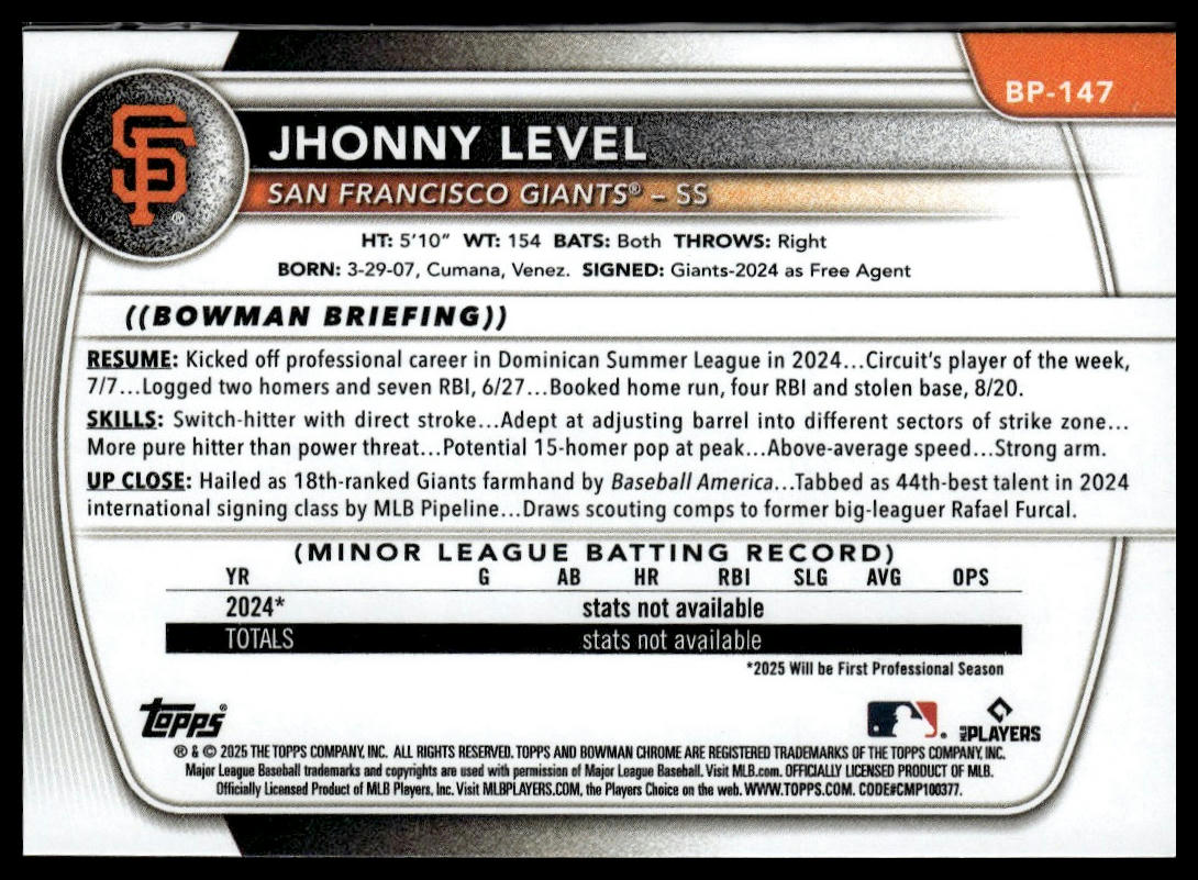 2025 Bowman #BP-147 Jhonny Level Prospects