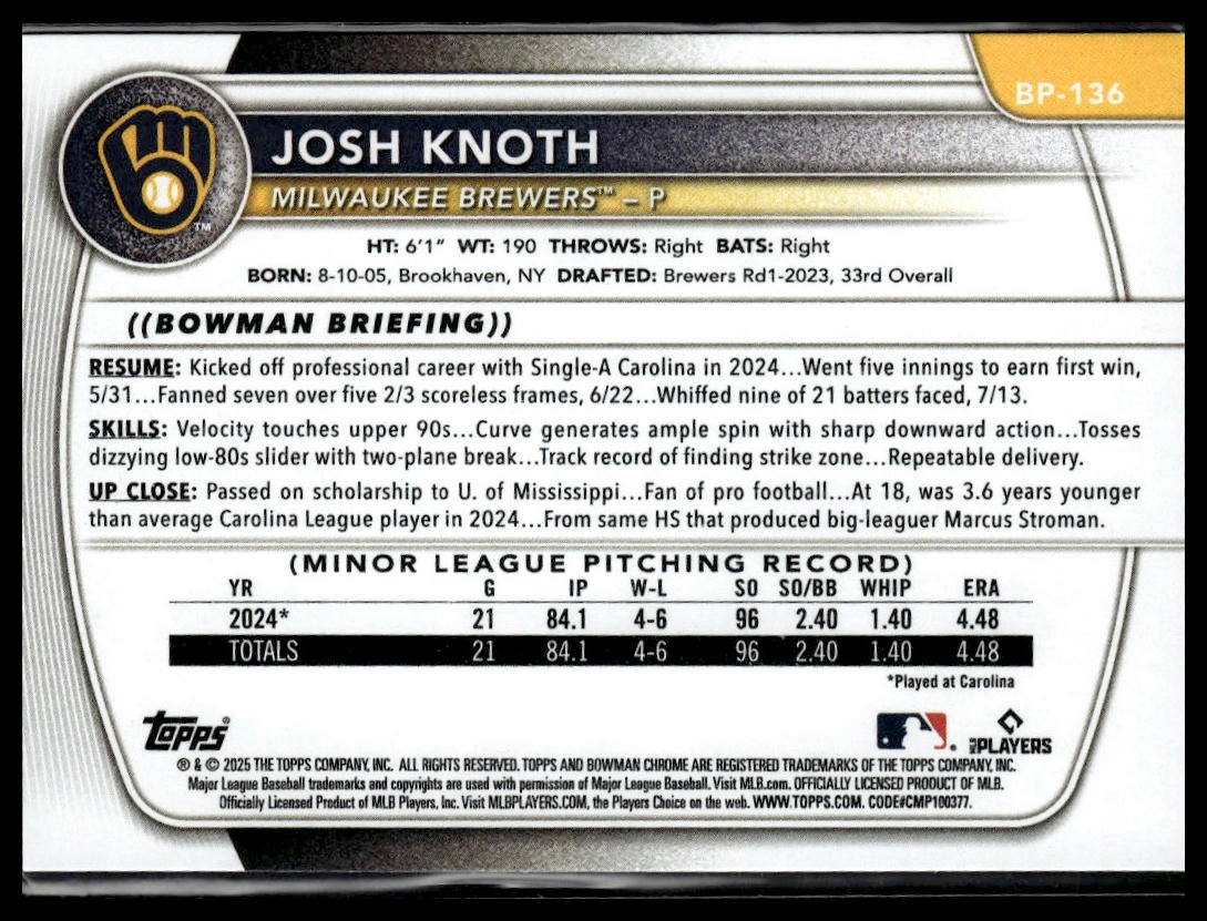 2025 Bowman #BP-136 Josh Knoth Prospects