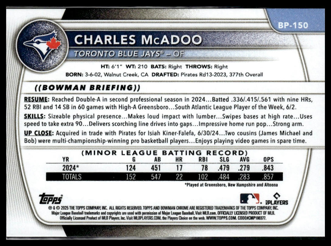 2025 Bowman #BP-150 Charles McAdoo Prospects