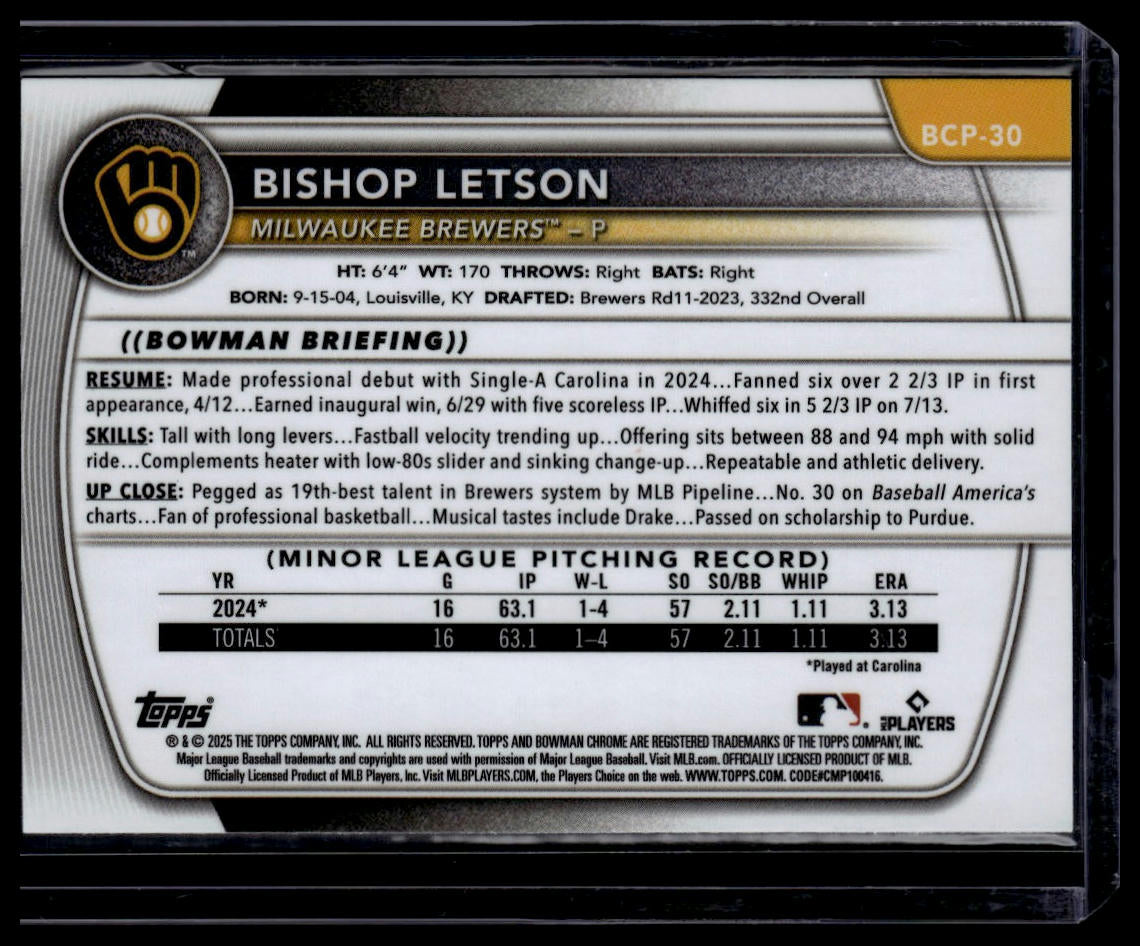 2025 Bowman #BCP-30 Bishop Letson Chrome Prospects