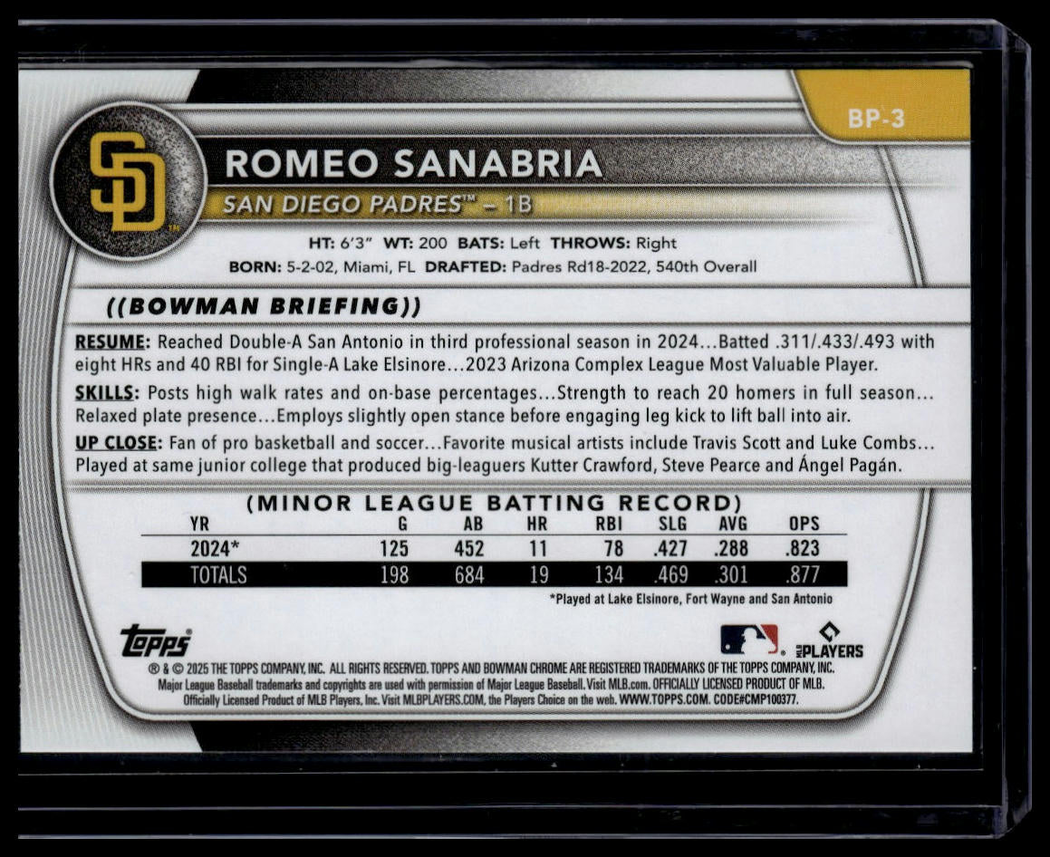 2025 Bowman #BP-3 Romeo Sanabria Prospects