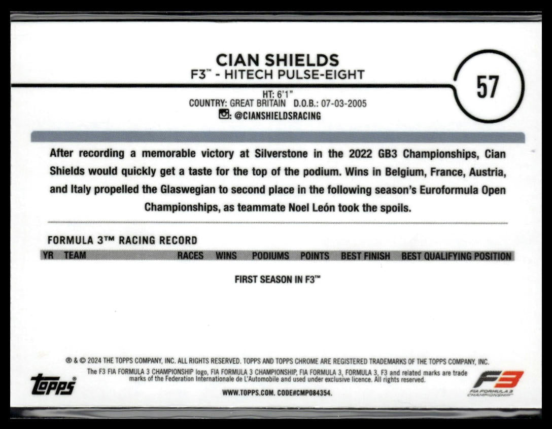 2024 Topps Chrome Formula 1 #57 Cian Shields Purple / Green Refractors