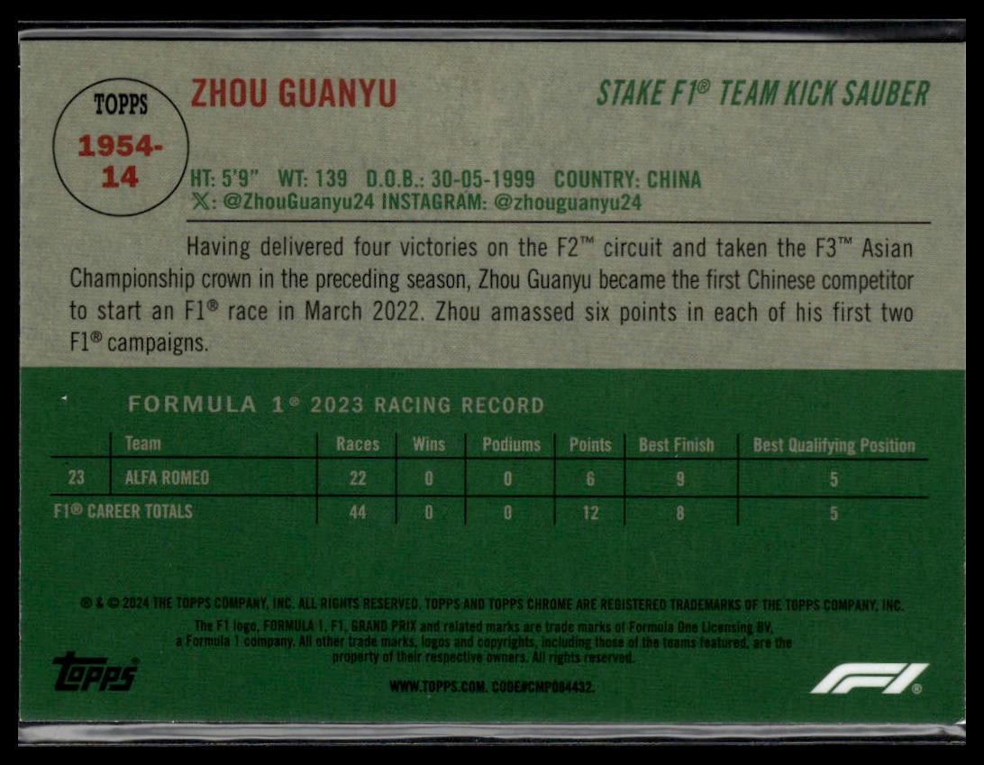 2024 Topps Chrome Formula 1 #1954-14 Zhou Guanyu 1954 Topps