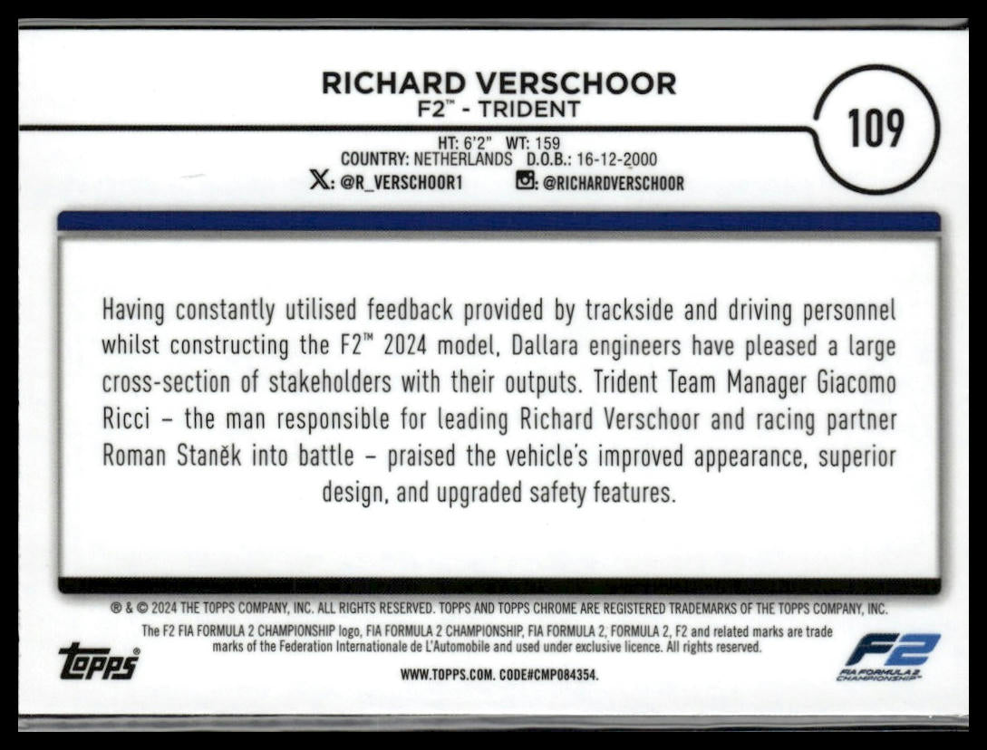 2024 Topps Chrome Formula 1 #109 Richard Verschoor Purple / Green Refractors