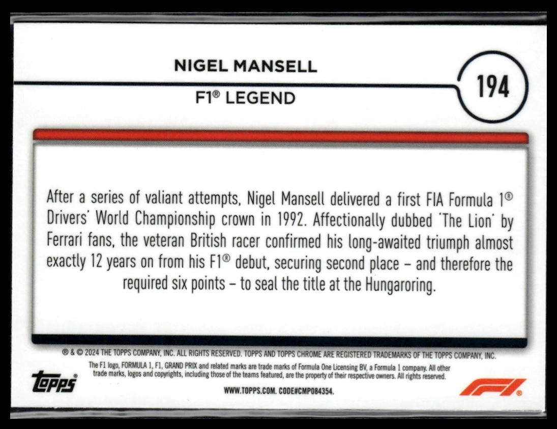 2024 Topps Chrome Formula 1 #194 Nigel Mansell Gold / Purple Refractors