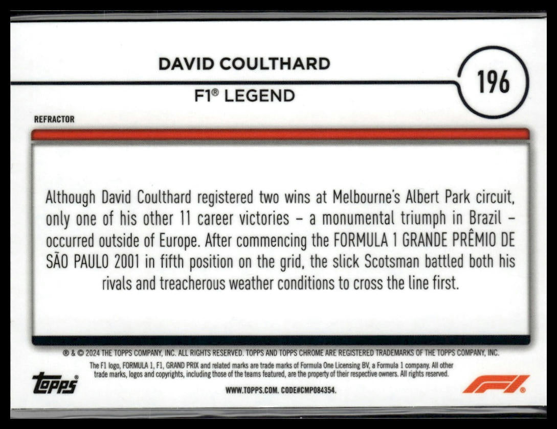 2024 Topps Chrome Formula 1 #196 David Coulthard Refractors