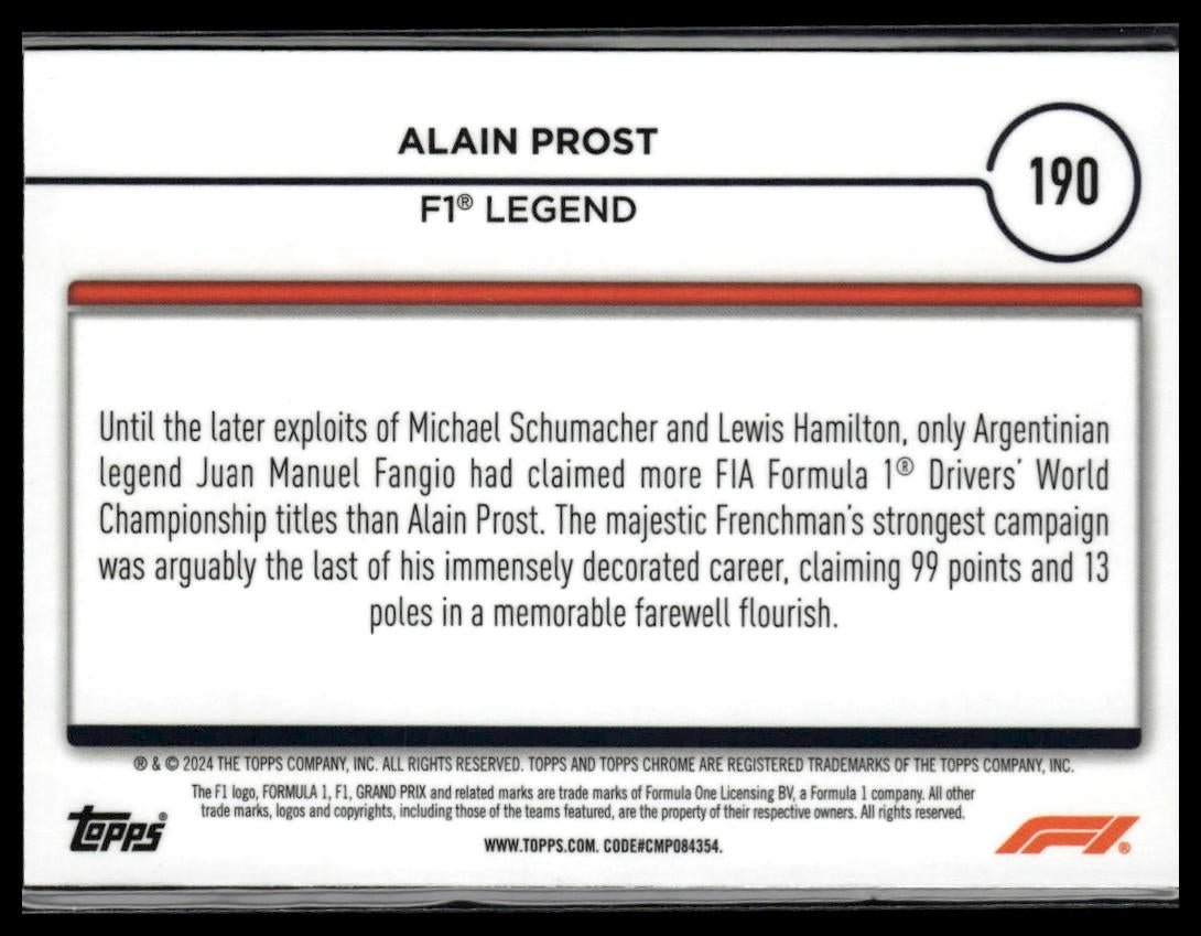 2024 Topps Chrome Formula 1 #190 Alain Prost Checker/Purple Refractor #/199