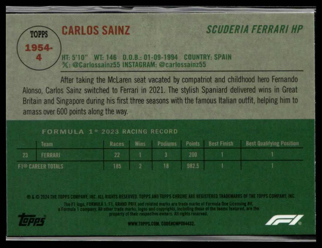 2024 Topps Chrome Formula 1 #1954-4 Carlos Sainz 1954 Topps