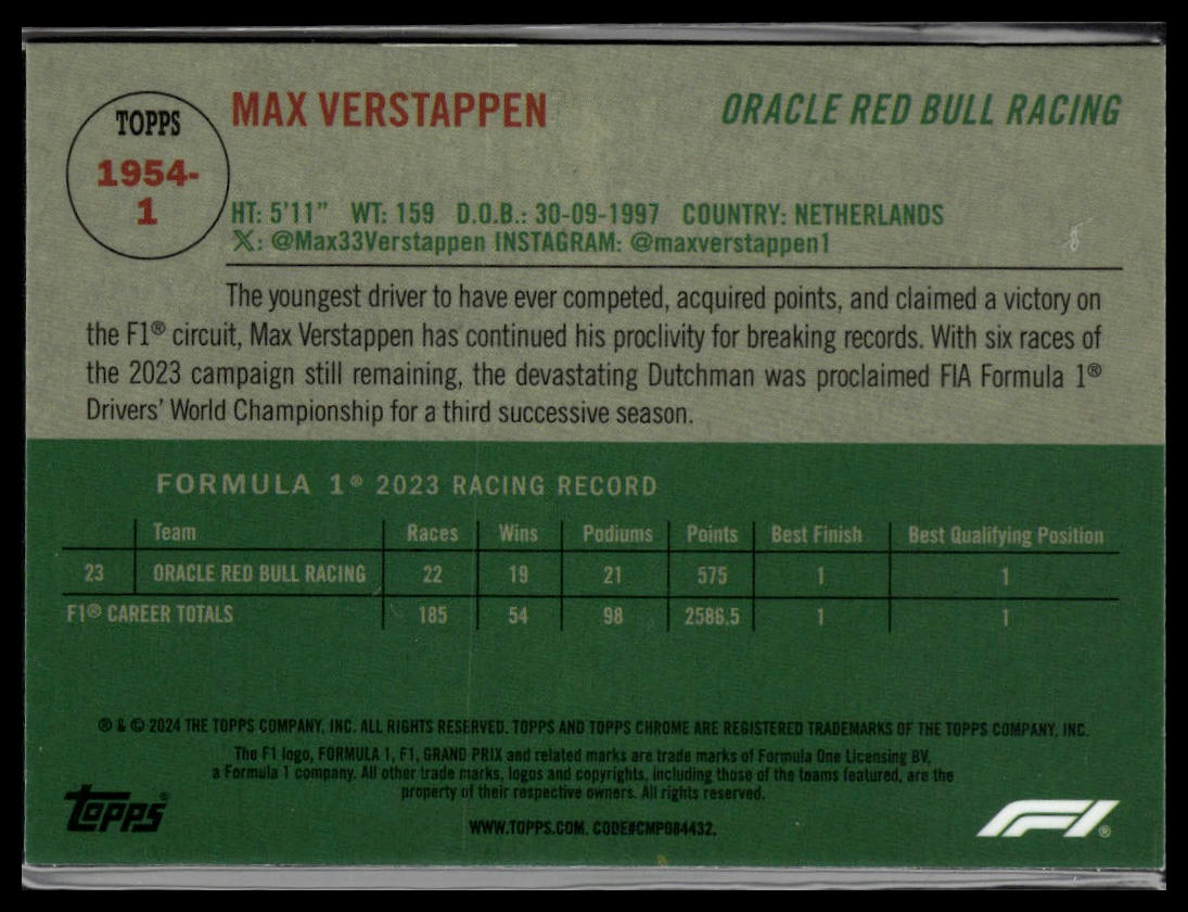 2024 Topps Chrome Formula 1 #1954-1 Max Verstappen 1954 Topps