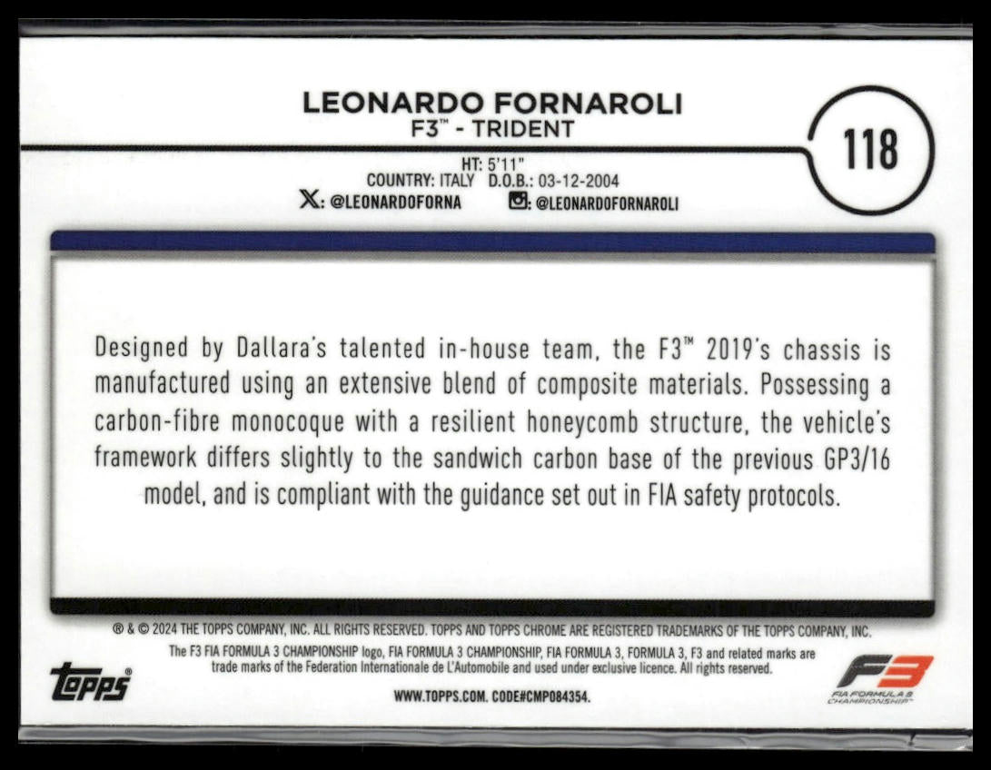 2024 Topps Chrome Formula 1 #118 Leonardo Fornaroli Aqua Sonar Refractors #/150