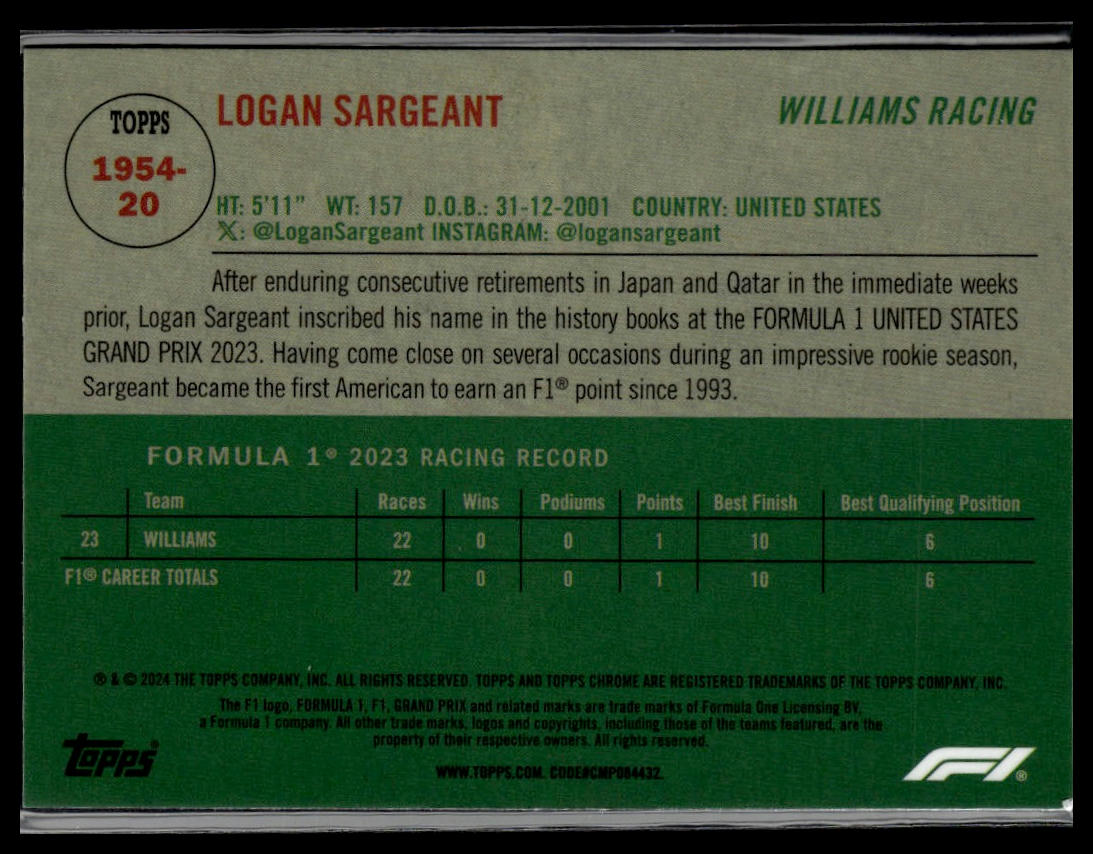 2024 Topps Chrome Formula 1 #1954-20 Logan Sargeant 1954 Topps