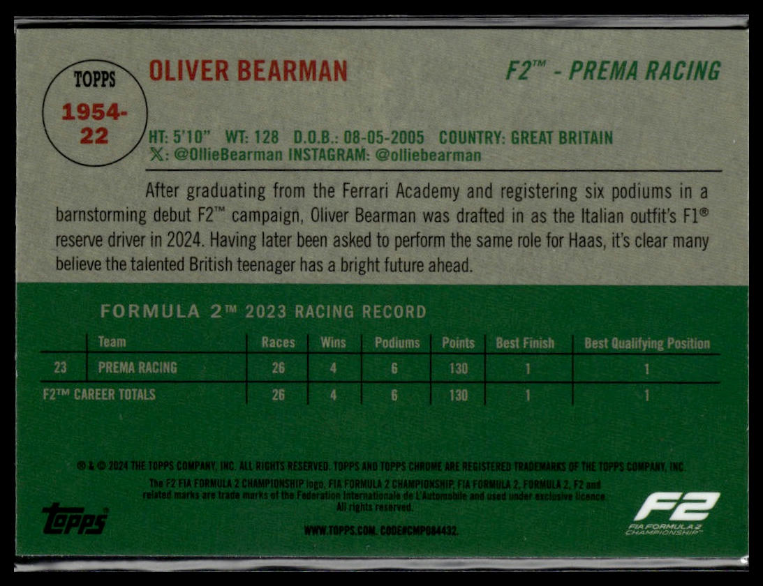 2024 Topps Chrome Formula 1 #1954-22 Oliver Bearman 1954 Topps