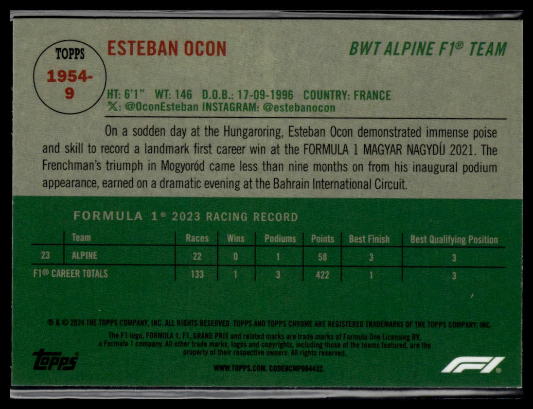 2024 Topps Chrome Formula 1 #1954-9 Esteban Ocon 1954 Topps