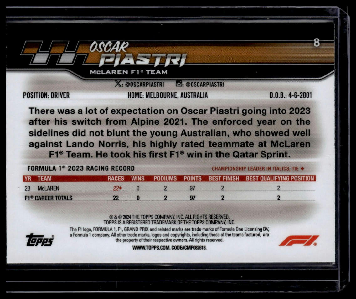 2024 Topps Paddock Pass Formula 1 #8b Oscar Piastri Chrome X Fractor