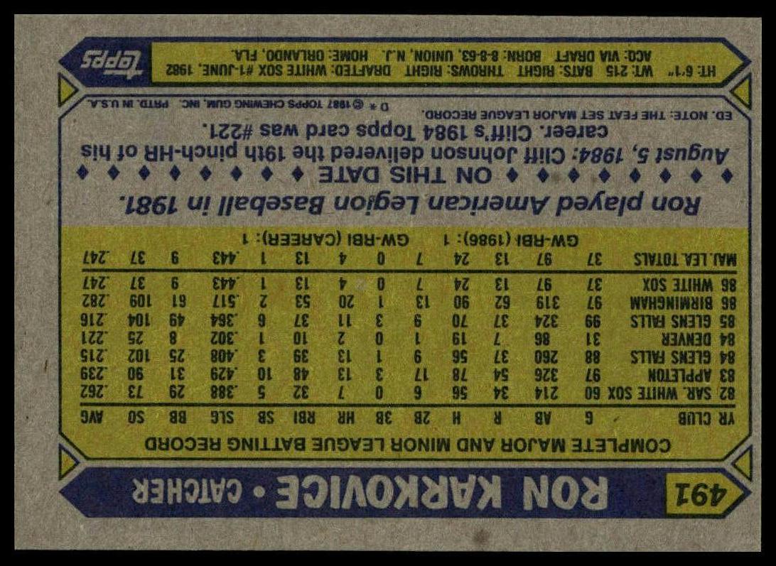 1987 Topps #491 Ron Karkovice