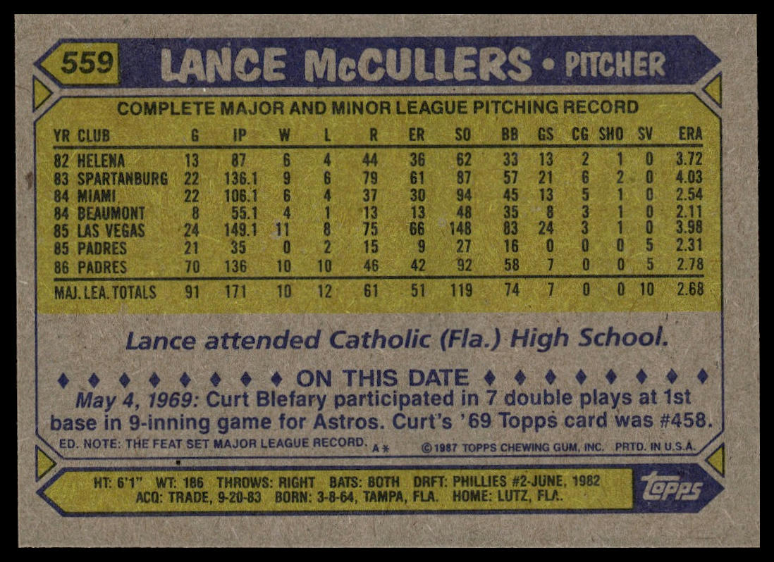 1987 Topps #559 Lance McCullers
