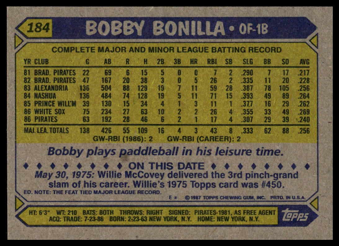 1987 Topps #184 Bobby Bonilla