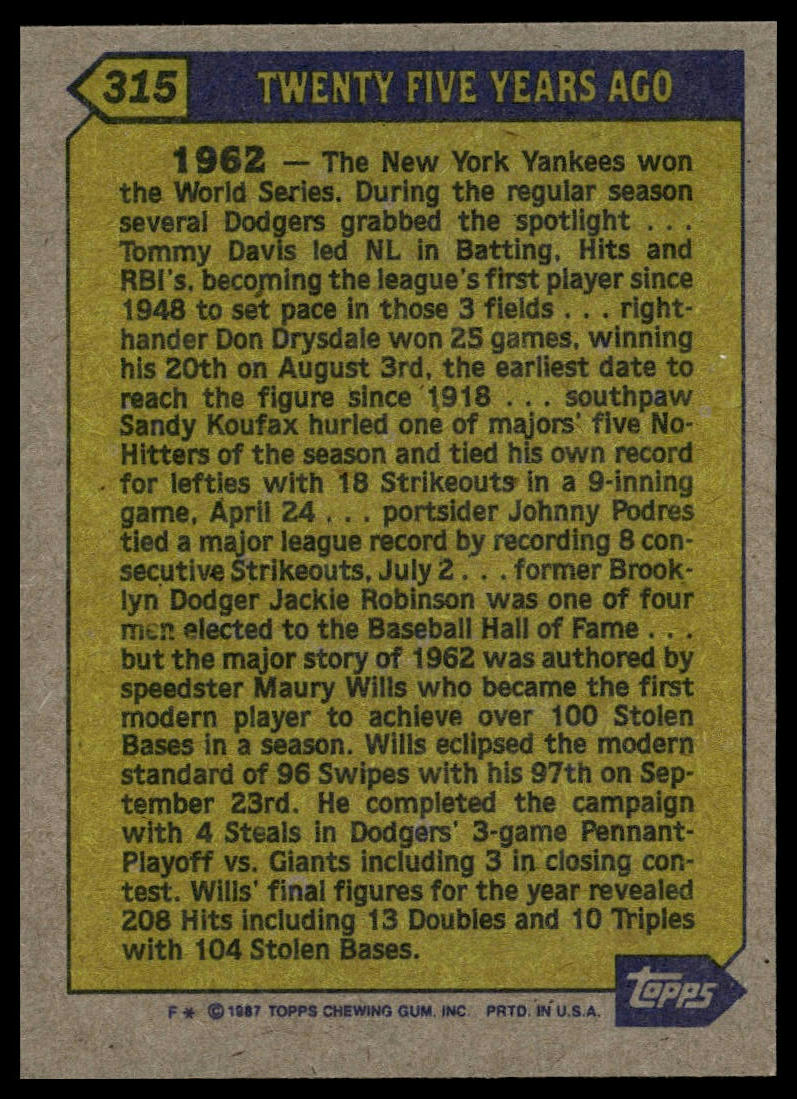 1987 Topps #315 Maury Wills
