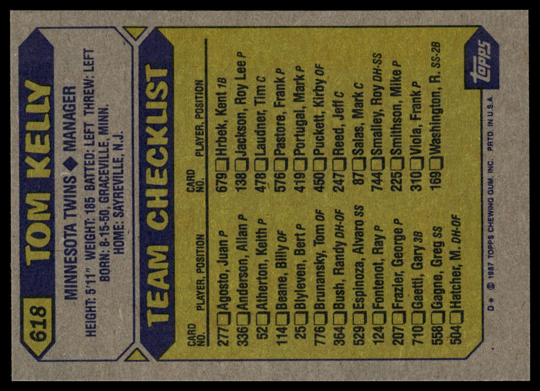 1987 Topps #618 Tom Kelly