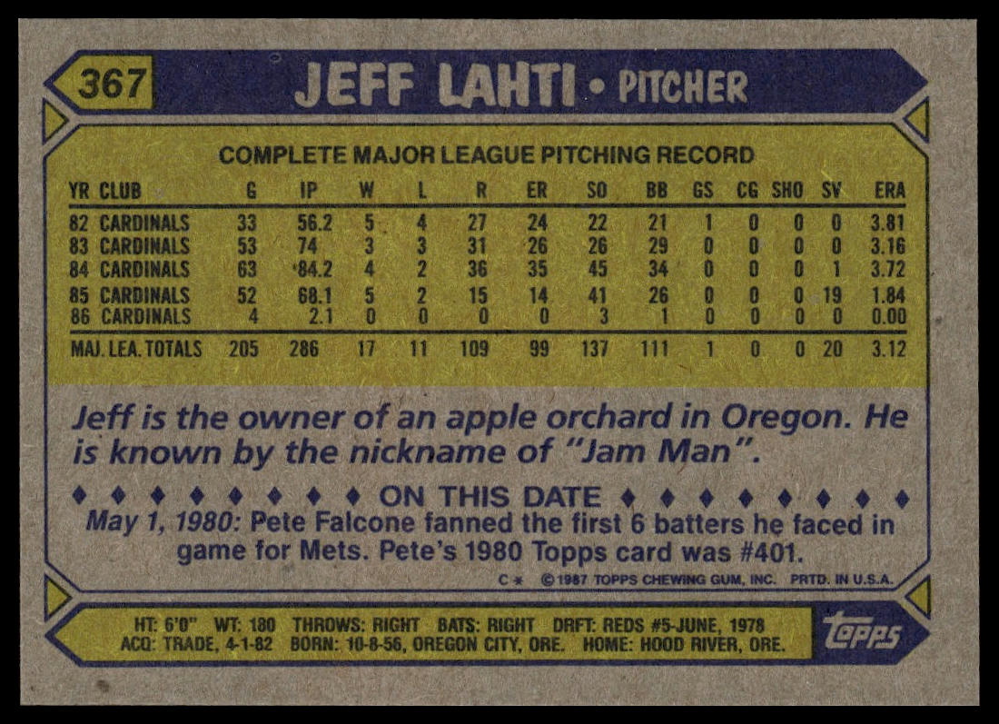 1987 Topps #367 Jeff Lahti