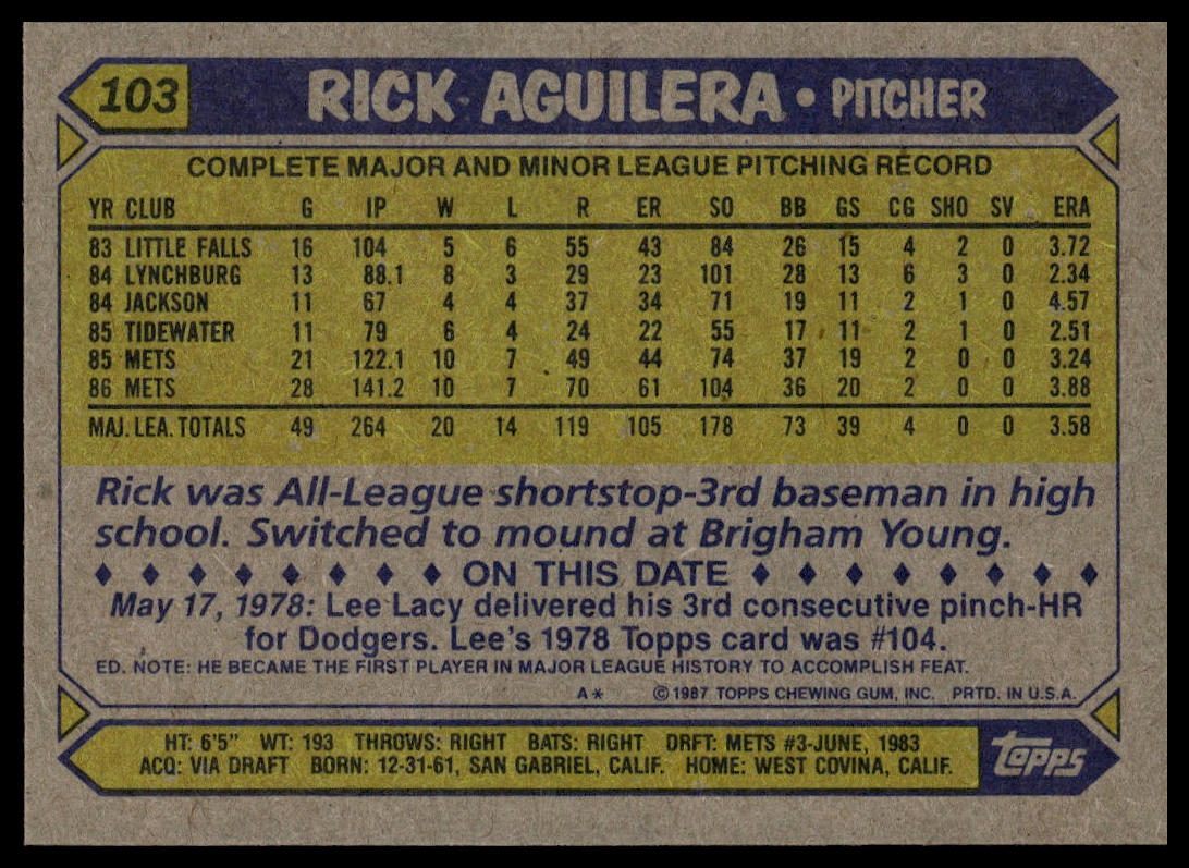 1987 Topps #103 Rick Aguilera