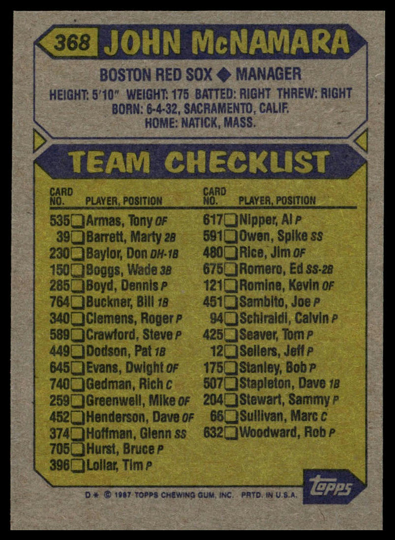 1987 Topps #368 John McNamara