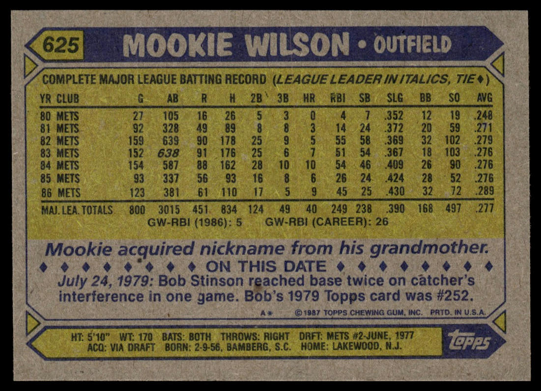 1987 Topps #625 Mookie Wilson